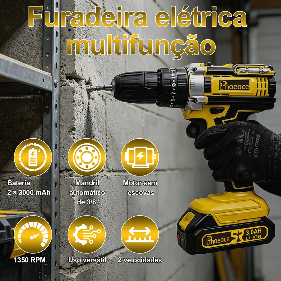 PNOEOCE Furadeira Parafusadeira 48V Sem Fio | 2 Baterias + Kit Completo | Multifuncional Alta Potência — imagem 2