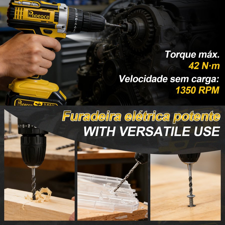 PNOEOCE Furadeira Parafusadeira 48V Sem Fio | 2 Baterias + Kit Completo | Multifuncional Alta Potência — imagem 3