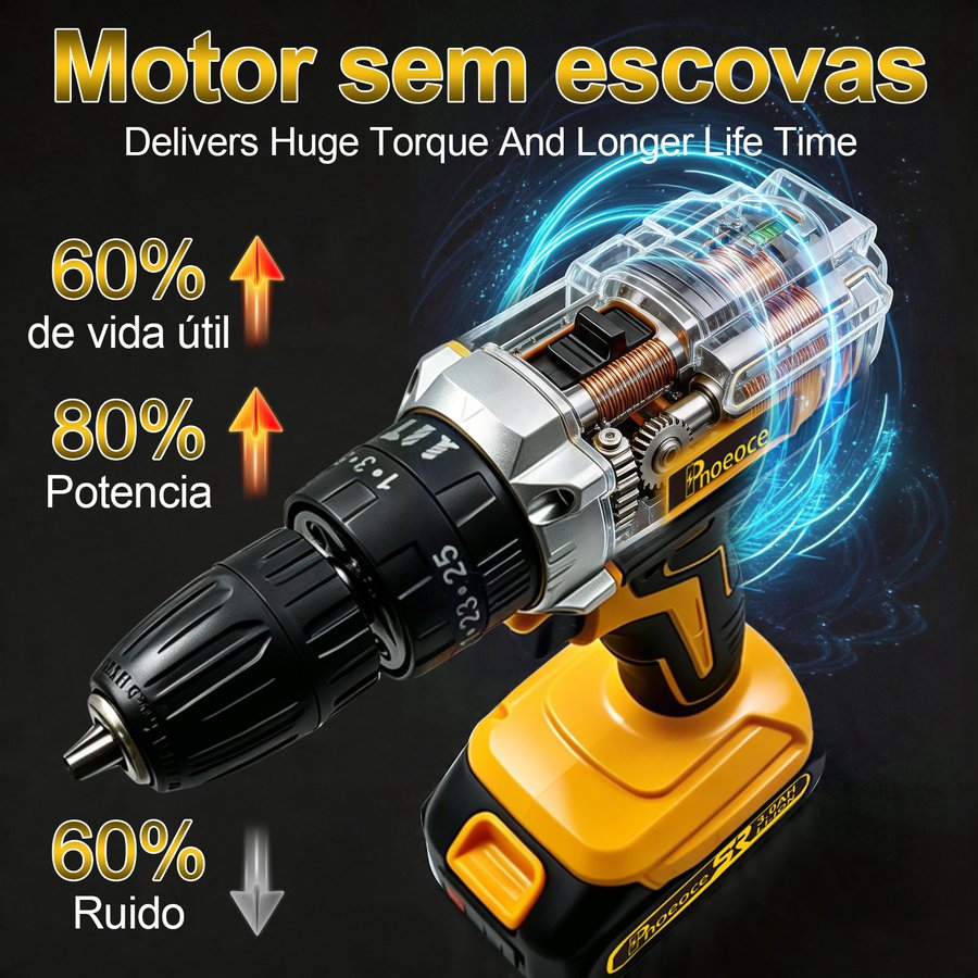 PNOEOCE Furadeira Parafusadeira 48V Sem Fio | 2 Baterias + Kit Completo | Multifuncional Alta Potência — imagem 5