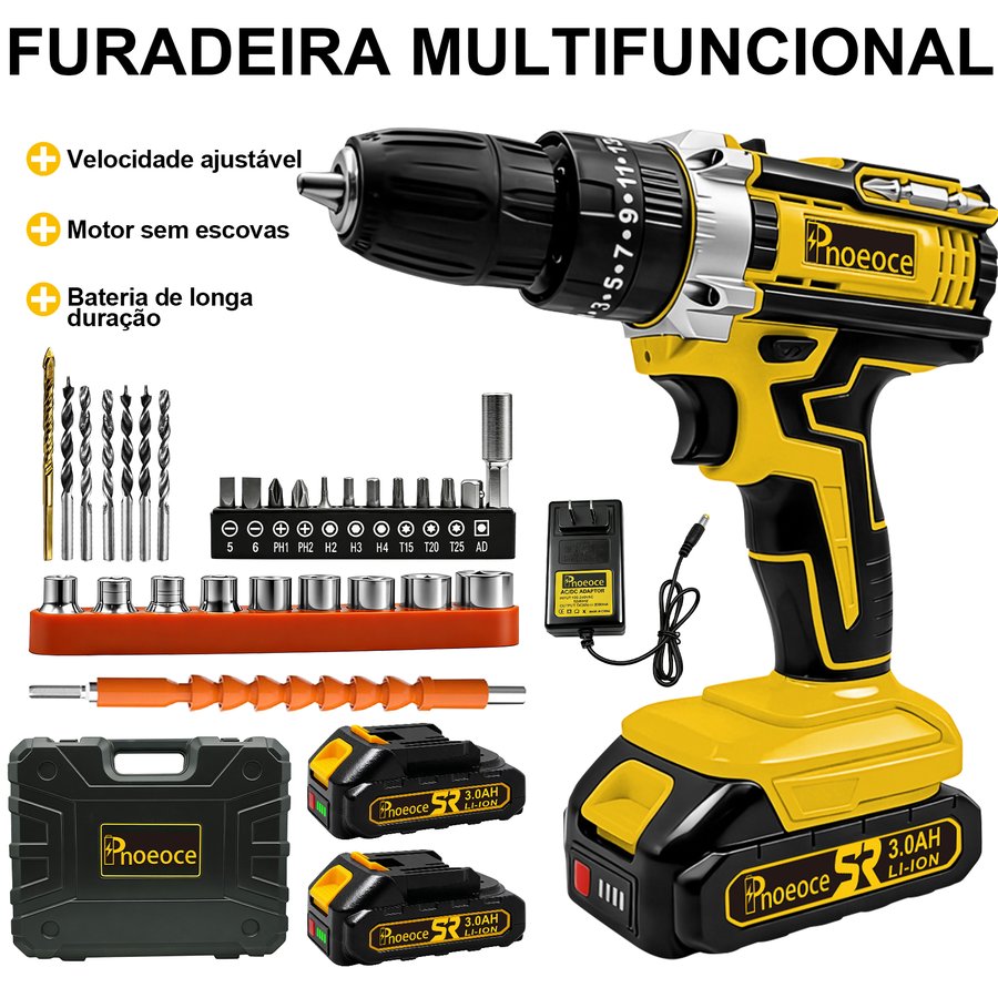 PNOEOCE Furadeira Parafusadeira 48V Sem Fio | 2 Baterias + Kit Completo | Multifuncional Alta Potência — imagem 9