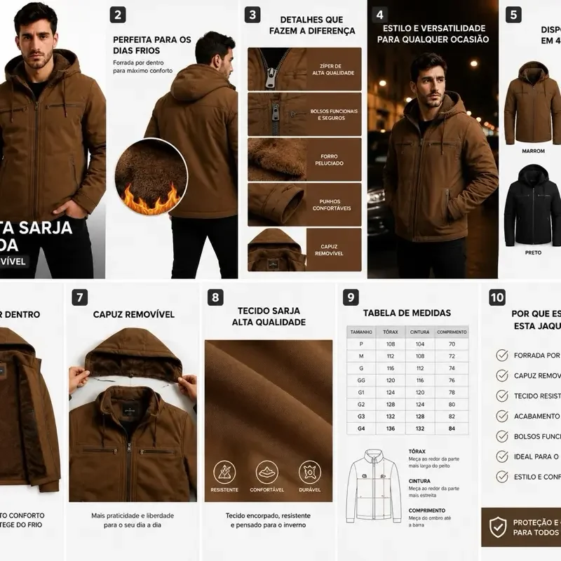Pague 1 Leve 2 - Jaqueta Masculina Sarja Forrada com Capuz Plus Size — imagem 3