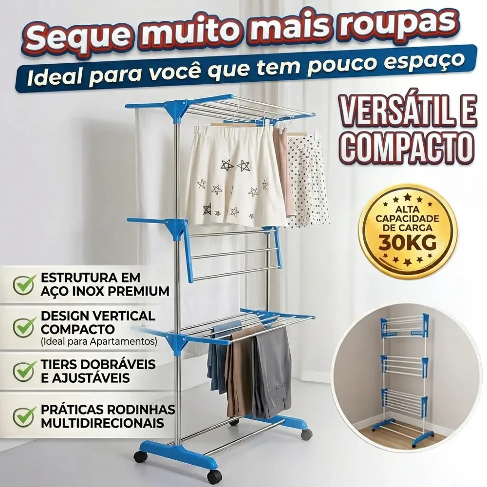 Tower Varal de Chão 3 Andares Dobrável Portátil - Grande Capacidade — imagem 2