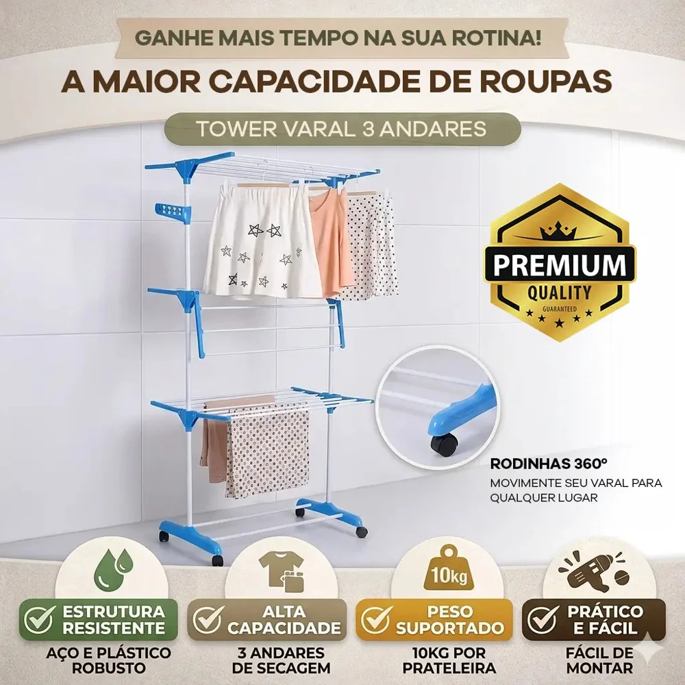 Tower Varal de Chão 3 Andares Dobrável Portátil - Grande Capacidade — imagem 3